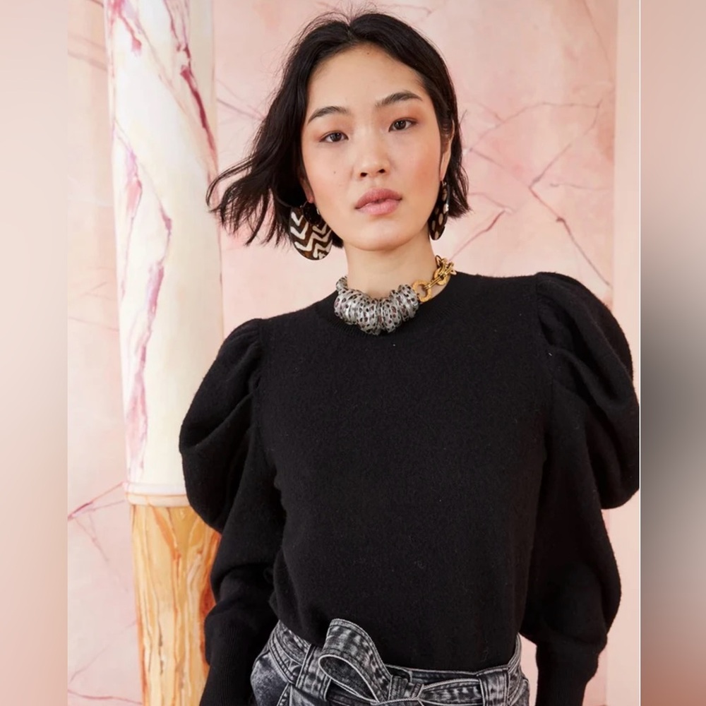Ulla Johnson Black Marin Puff Sleeve Wool Crewneck Sweater - Size  S